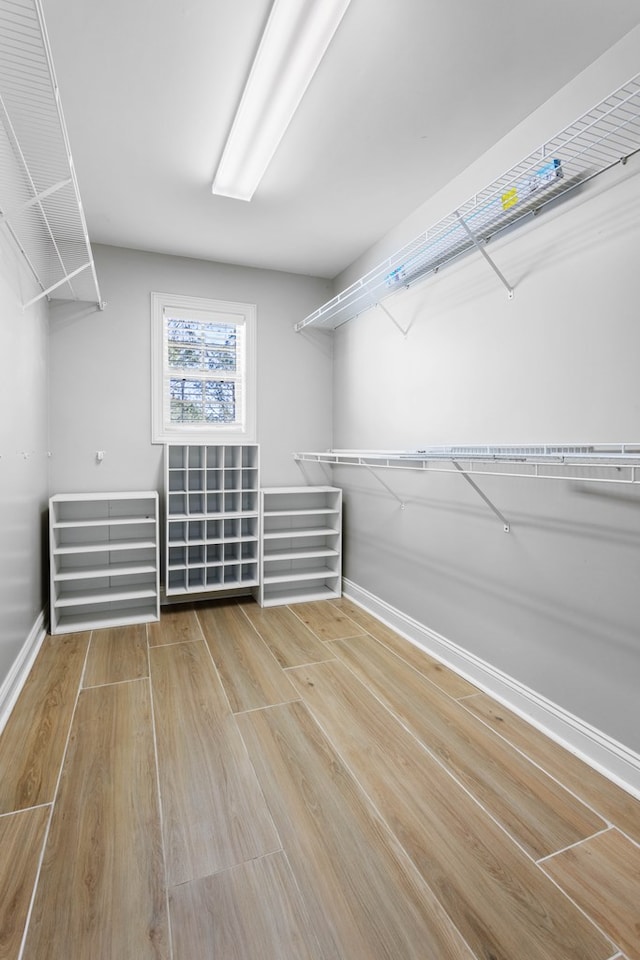 walk in closet with wood finished floors