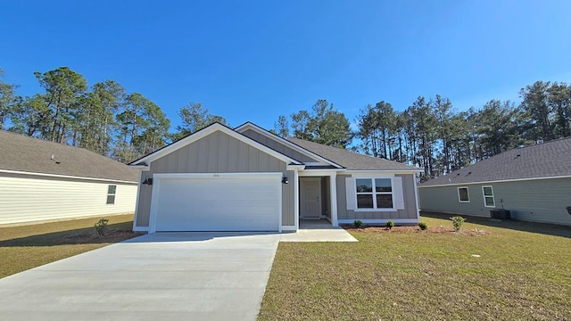 ranch-style house with central AC unit, a garage, driveway, a front lawn, and board and batten siding