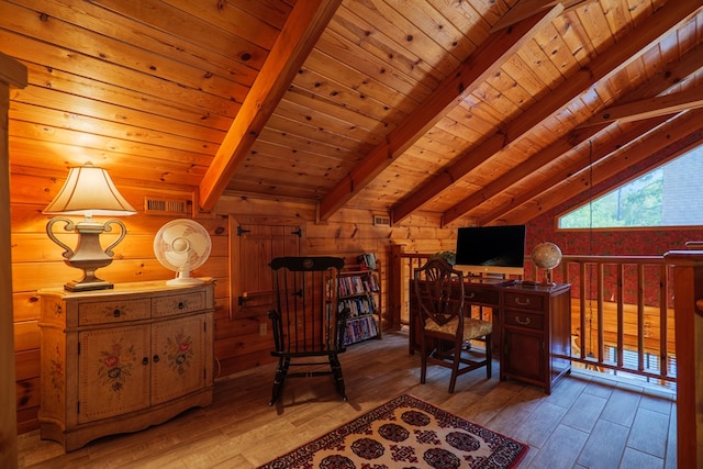 office with hardwood / wood-style floors, vaulted ceiling with beams, wooden ceiling, and wood walls