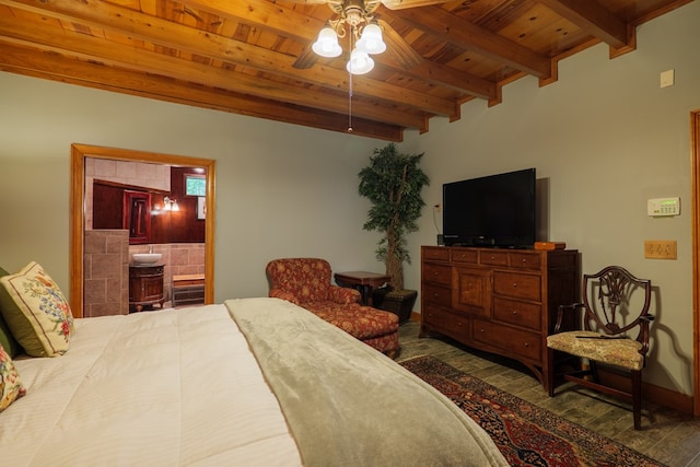 bedroom featuring wooden ceiling, ceiling fan, wood-type flooring, and ensuite bath