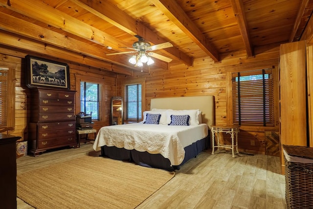 bedroom featuring ceiling fan, beam ceiling, light wood-type flooring, and wood ceiling