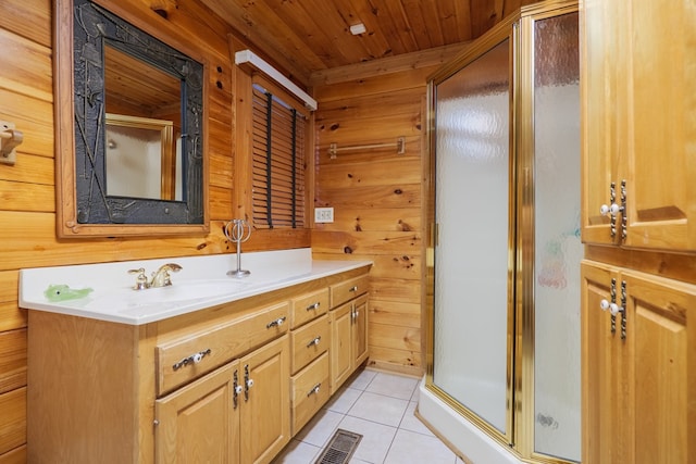 bathroom with wooden ceiling, tile patterned floors, wood walls, vanity, and a shower with shower door