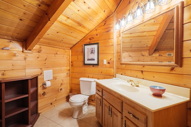 bathroom featuring vaulted ceiling with beams, tile patterned flooring, toilet, wooden walls, and wood ceiling