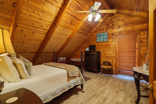 bedroom featuring ceiling fan, lofted ceiling with beams, wooden walls, wood ceiling, and light wood-type flooring