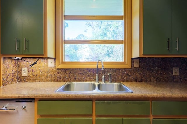 1614 N Patterson St, Valdosta, GA 31602 - kitchen with green cabinetry, stainless steel dishwasher, tasteful backsplash, and a sink