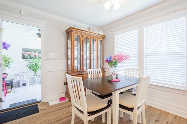 4137 Nelson Hill Pl, Hahira, GA 31632 - dining room with ceiling fan, light wood-type flooring, ornamental molding, wainscoting, and a decorative wall