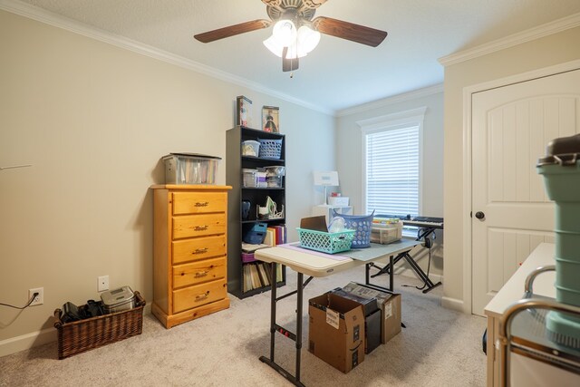 4137 Nelson Hill Pl, Hahira, GA 31632 - home office featuring ornamental molding, light carpet, and ceiling fan