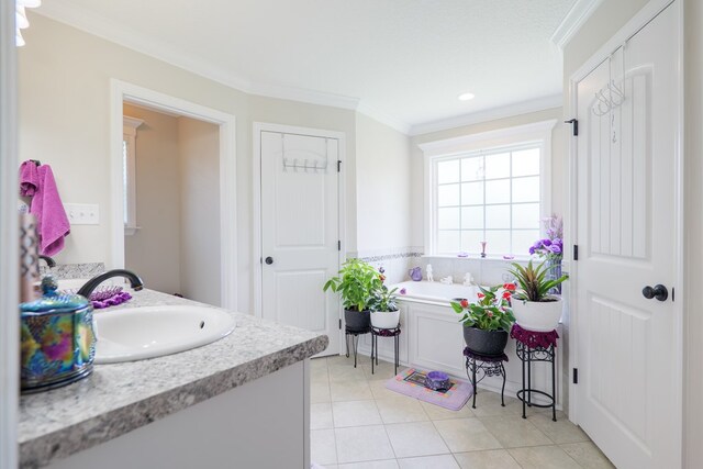 4137 Nelson Hill Pl, Hahira, GA 31632 - bathroom with crown molding, a bath, vanity, tile patterned floors, and recessed lighting