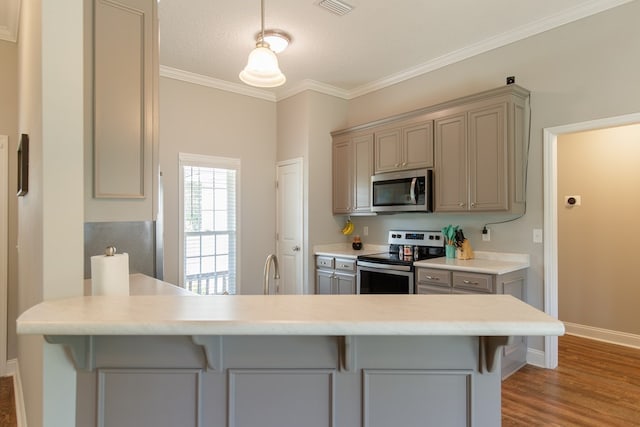 kitchen featuring a kitchen bar, gray cabinets, stainless steel appliances, and kitchen peninsula