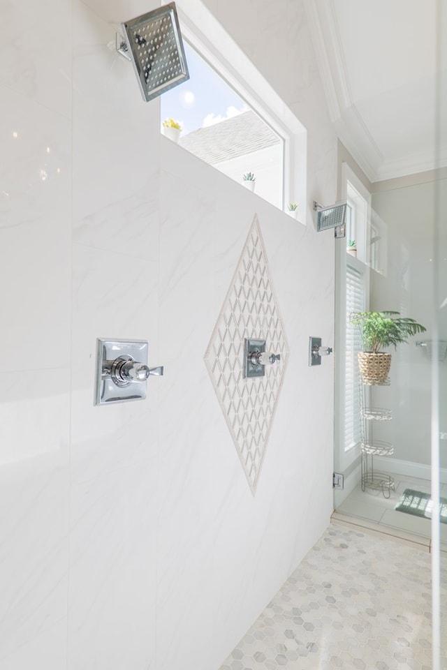 bathroom with a shower and crown molding