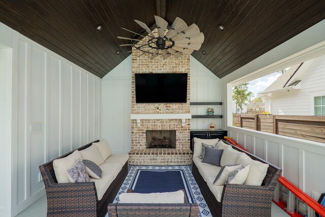 interior space with a brick fireplace