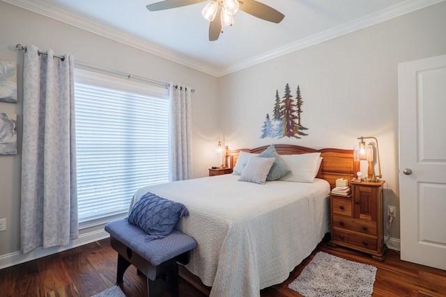 bedroom with ceiling fan, dark hardwood / wood-style floors, and ornamental molding