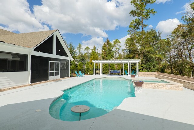 view of swimming pool with a pergola, a sunroom, an in ground hot tub, and a patio