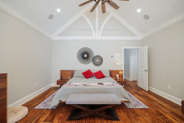 bedroom featuring dark hardwood / wood-style flooring, crown molding, ceiling fan, and lofted ceiling