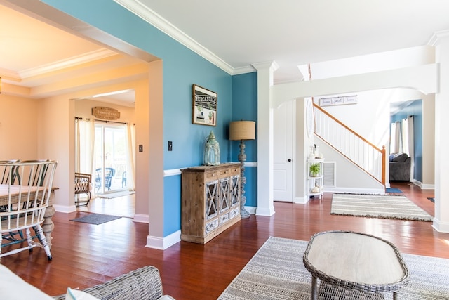 living room featuring crown molding and dark wood-type flooring