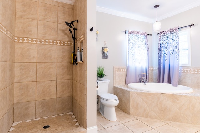 bathroom with tile patterned flooring, toilet, ornamental molding, and plus walk in shower