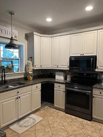 kitchen featuring black appliances, white cabinets, ornamental molding, and sink