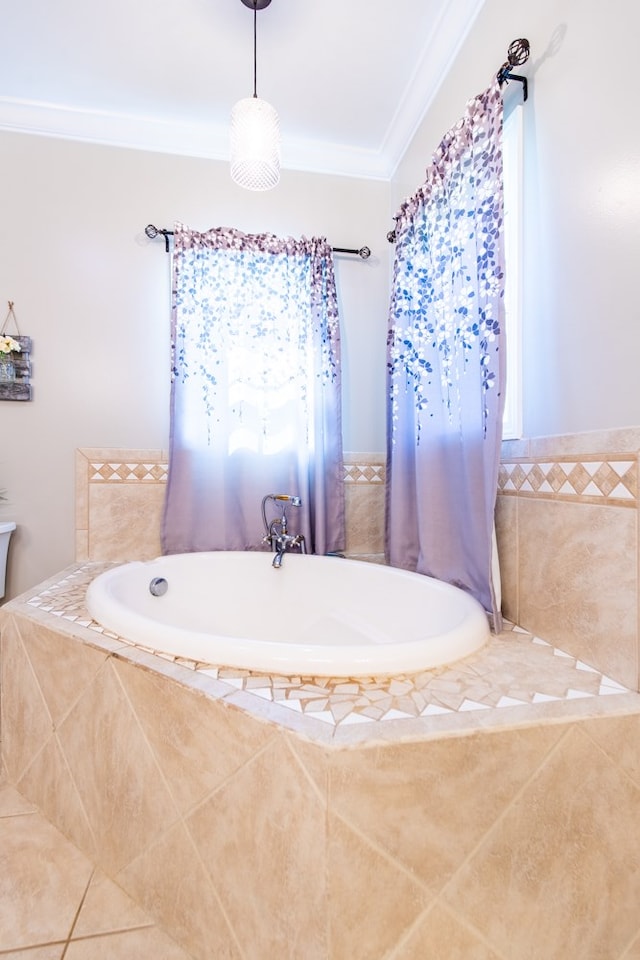 bathroom with tile patterned floors and crown molding