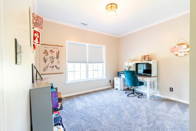 office area featuring carpet flooring and ornamental molding