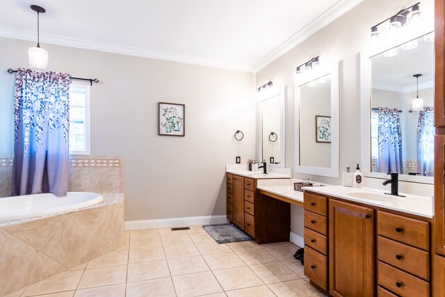 bathroom featuring tile patterned flooring, vanity, crown molding, and tiled tub