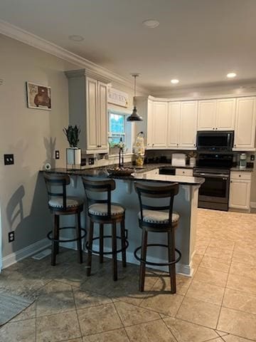 kitchen with kitchen peninsula, crown molding, white cabinets, stainless steel electric range oven, and a breakfast bar area