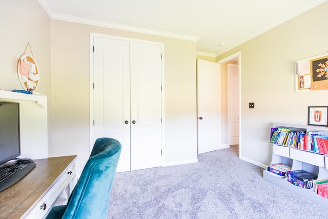 office area with crown molding and light colored carpet