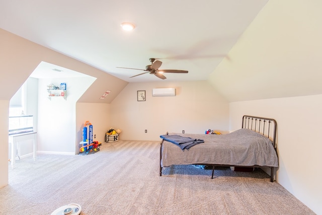 carpeted bedroom featuring a wall mounted AC, lofted ceiling, and ceiling fan