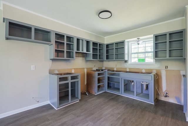 2019 Falling Leaf Ln, Valdosta, GA 31602 - kitchen featuring open shelves, dark wood-style floors, and ornamental molding