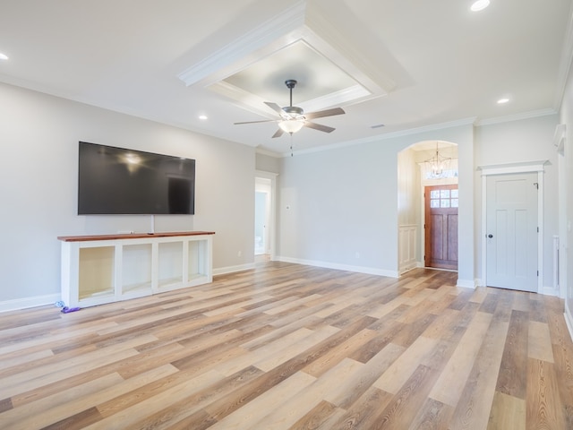 5674 Clydetta Dr, Lake Park, GA 31636 - unfurnished living room with arched walkways, light wood-style floors, recessed lighting, a chandelier, and a ceiling fan