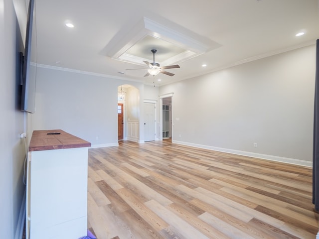 5674 Clydetta Dr, Lake Park, GA 31636 - unfurnished room featuring ornamental molding, arched walkways, light wood-type flooring, ceiling fan, and recessed lighting