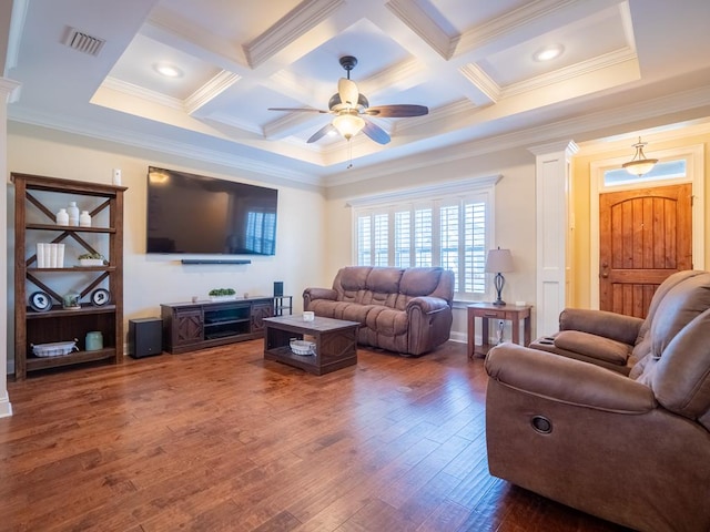 living room with dark wood-style flooring, coffered ceiling, visible vents, and beam ceiling