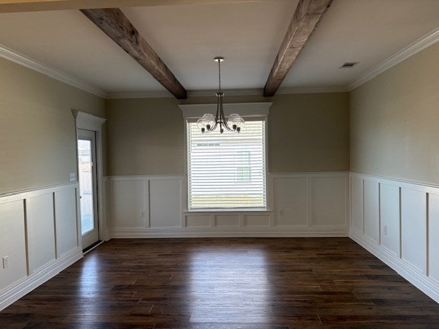 unfurnished dining area with dark hardwood / wood-style flooring, beam ceiling, and a chandelier