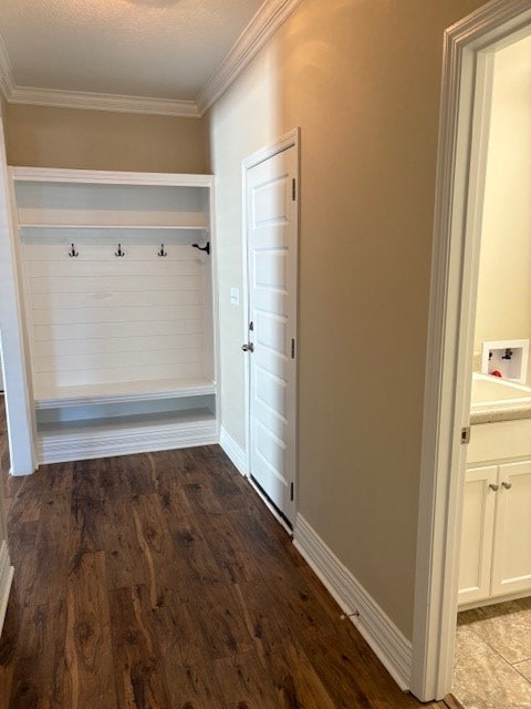 mudroom featuring crown molding, dark wood-type flooring, and a textured ceiling