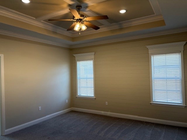 empty room with ceiling fan, ornamental molding, a tray ceiling, and dark carpet