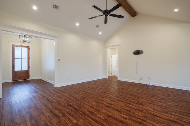 interior space featuring beam ceiling, dark wood-style flooring, visible vents, high vaulted ceiling, and ceiling fan with notable chandelier