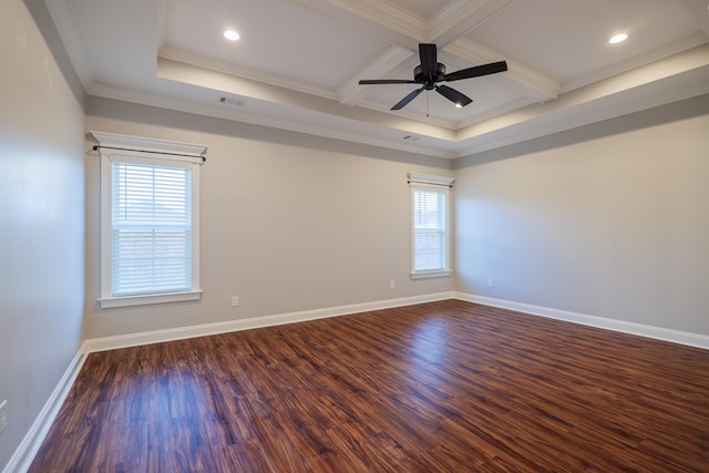 unfurnished room featuring baseboards, coffered ceiling, dark wood finished floors, a ceiling fan, and crown molding