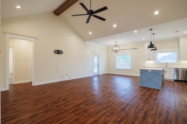 unfurnished living room with high vaulted ceiling, ceiling fan with notable chandelier, dark wood-type flooring, baseboards, and beamed ceiling