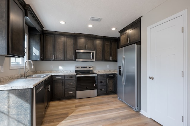 kitchen with dark brown cabinetry, stainless steel appliances, a sink, visible vents, and light wood-type flooring