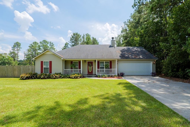 ranch-style home featuring a porch, a garage, and a front lawn