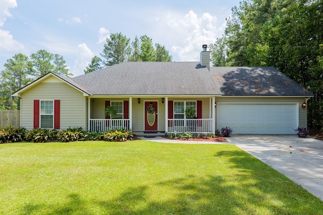 ranch-style home featuring covered porch, a garage, and a front yard