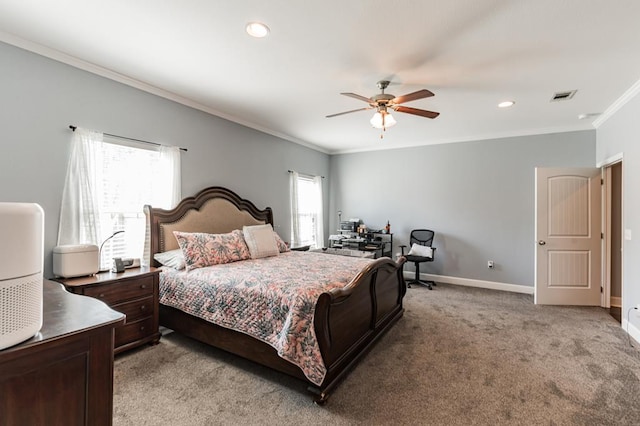 bedroom featuring visible vents, crown molding, ceiling fan, baseboards, and light carpet