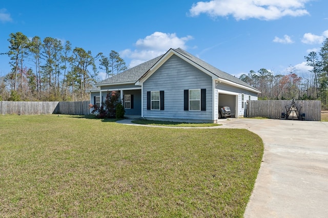 ranch-style house with a garage, concrete driveway, a front yard, and fence