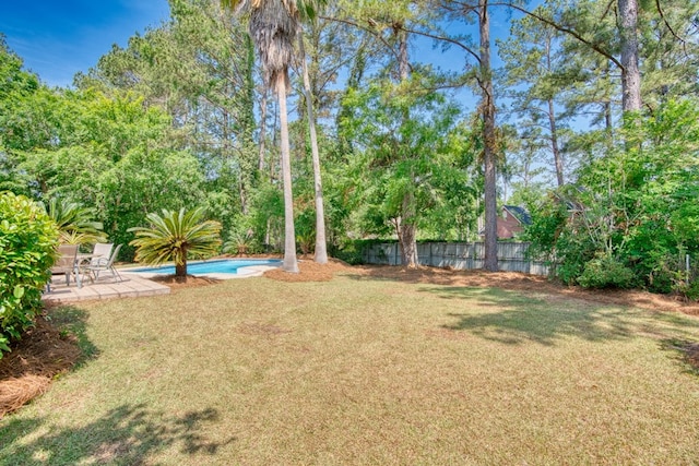 view of yard featuring a patio, fence, and a fenced in pool
