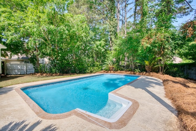 view of pool featuring a patio, fence, and a fenced in pool