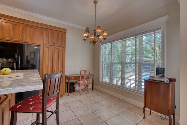 dining space featuring crown molding, plenty of natural light, light tile patterned flooring, and a notable chandelier