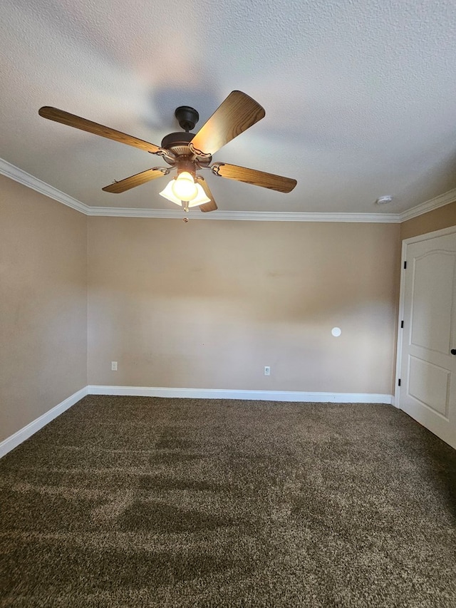 unfurnished room with carpet, a textured ceiling, ceiling fan, and crown molding