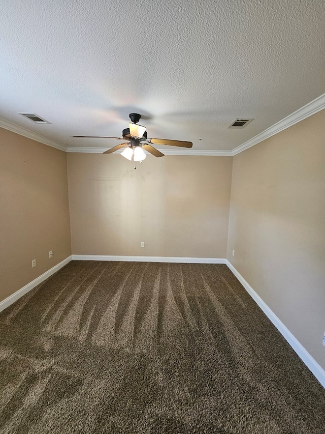 carpeted empty room with a textured ceiling, ceiling fan, and ornamental molding