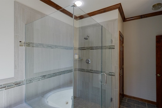 bathroom with crown molding, an enclosed shower, and tile patterned flooring