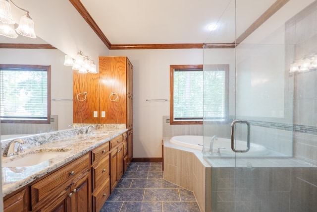 4849 Oak Arbor Dr, Valdosta, GA 31602 - full bath featuring a bath, double vanity, a stall shower, and ornamental molding