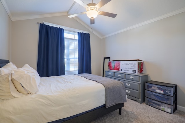 bedroom featuring lofted ceiling with beams, light colored carpet, ceiling fan, and crown molding